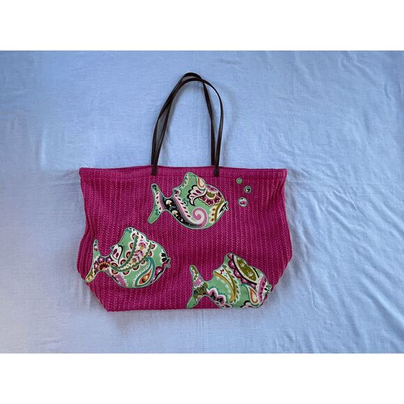 Vera Bradley Hot Pink Tote Bag, Leather Handles, Whale Design, Small Wallet - Picture 1 of 8